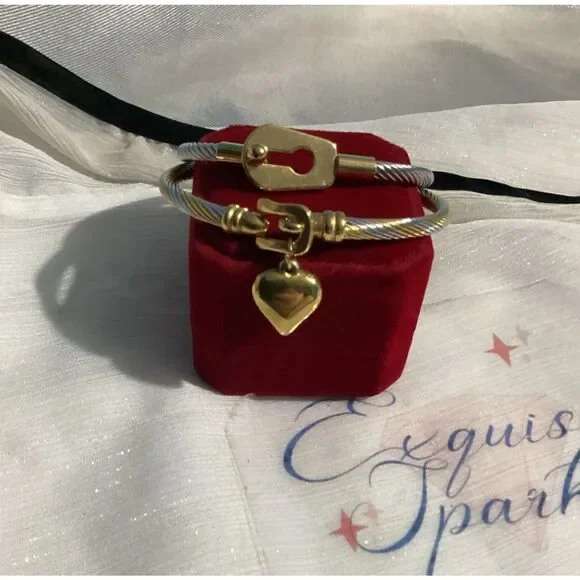 🗝️🖤•Industrial Chic Multi Tone Cable Bracelet Set – Gold Lock & Heart Charm - Picture 5 of 12